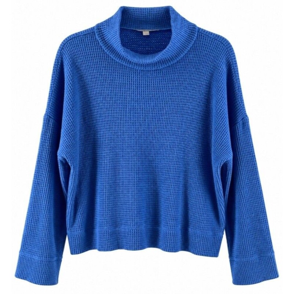 LOFT Blue Waffle Knit Sweater S Mock Neck Oversized Cozy Fall Pullover